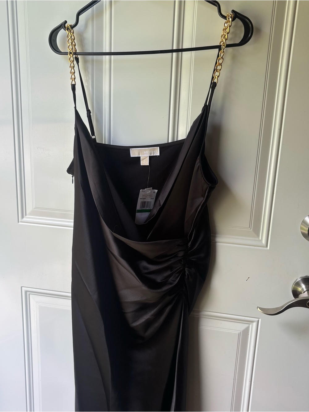 Michael Kors Black Satin Strapless Slip Dress with Gold Chain Straps